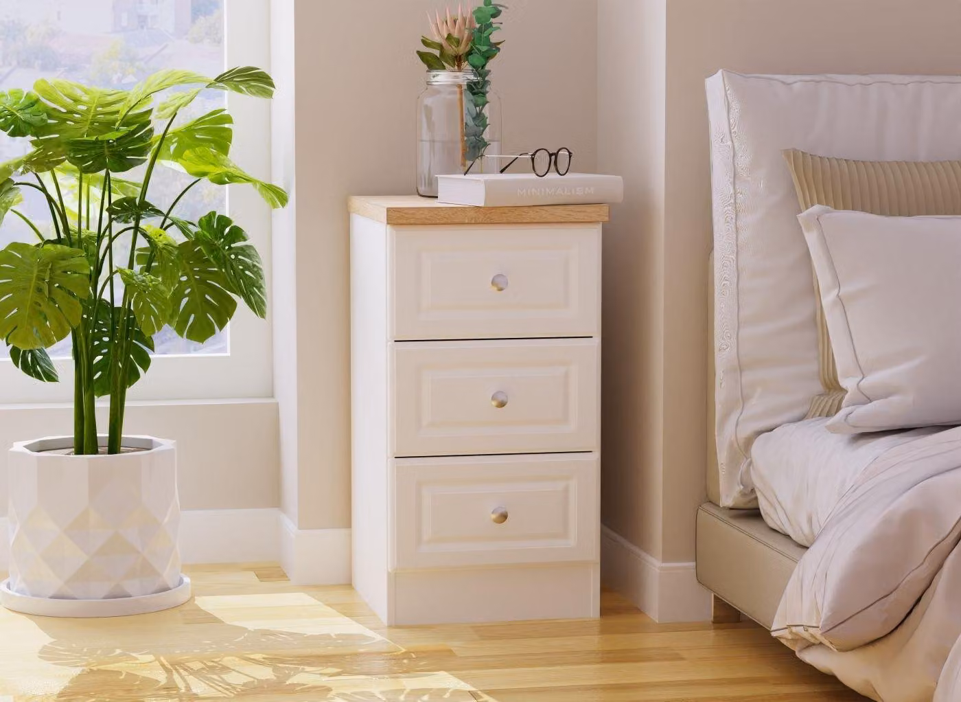 Texas 3-Drawer Bedside Table in Rustic Oak with Soft-Close Drawers