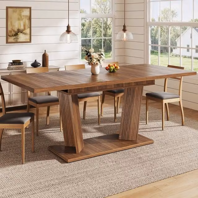 Merax Extending Dining Table with Fluted Double Pedestal Base in Walnut Brown