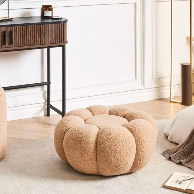 Wyld and Coco Bouclé Cylindrical Pouffe, Brown, Diameter: 60 cm, Height: 27 cm
