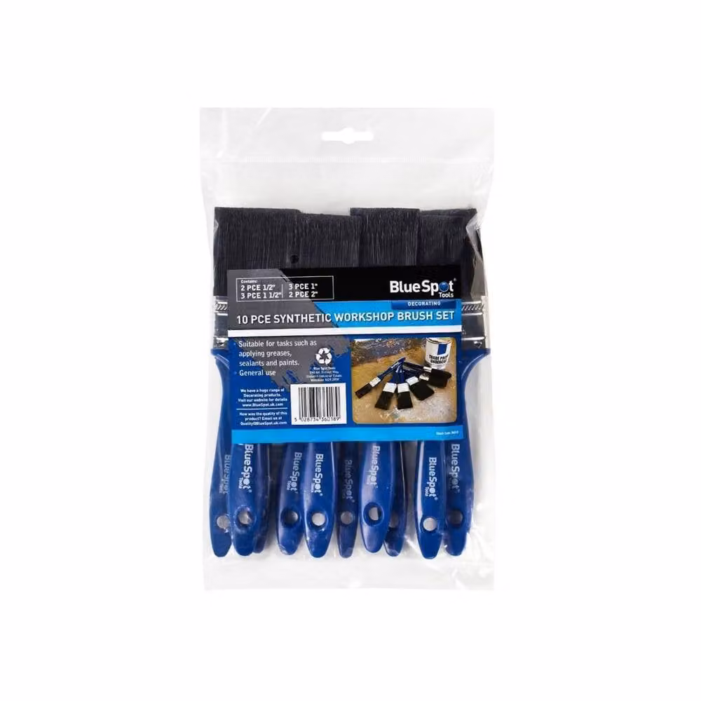 Bluespot Tools 10 Piece Synthetic Flat Workshop Paint Brush Set with Rust Protected Handles in Blue and Multicolour – 2