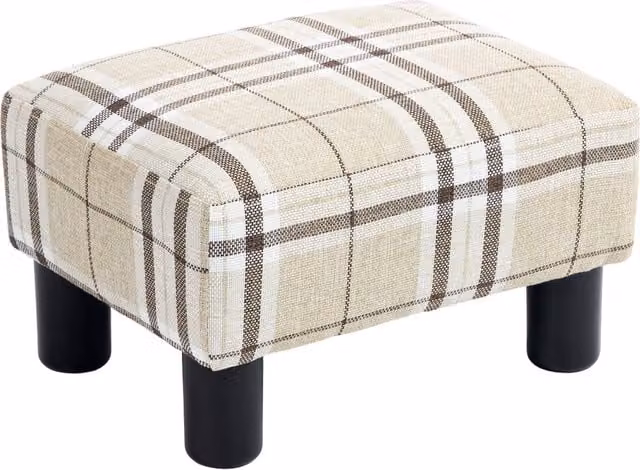 HOMCOM Multicolour Checked Linen Fabric Cube Footstool Ottoman with Wood Frame and Plastic Legs – 1