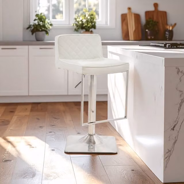 Interiors by Premier White Synthetic Leather Swivel Bar Stool with Metal Square Base