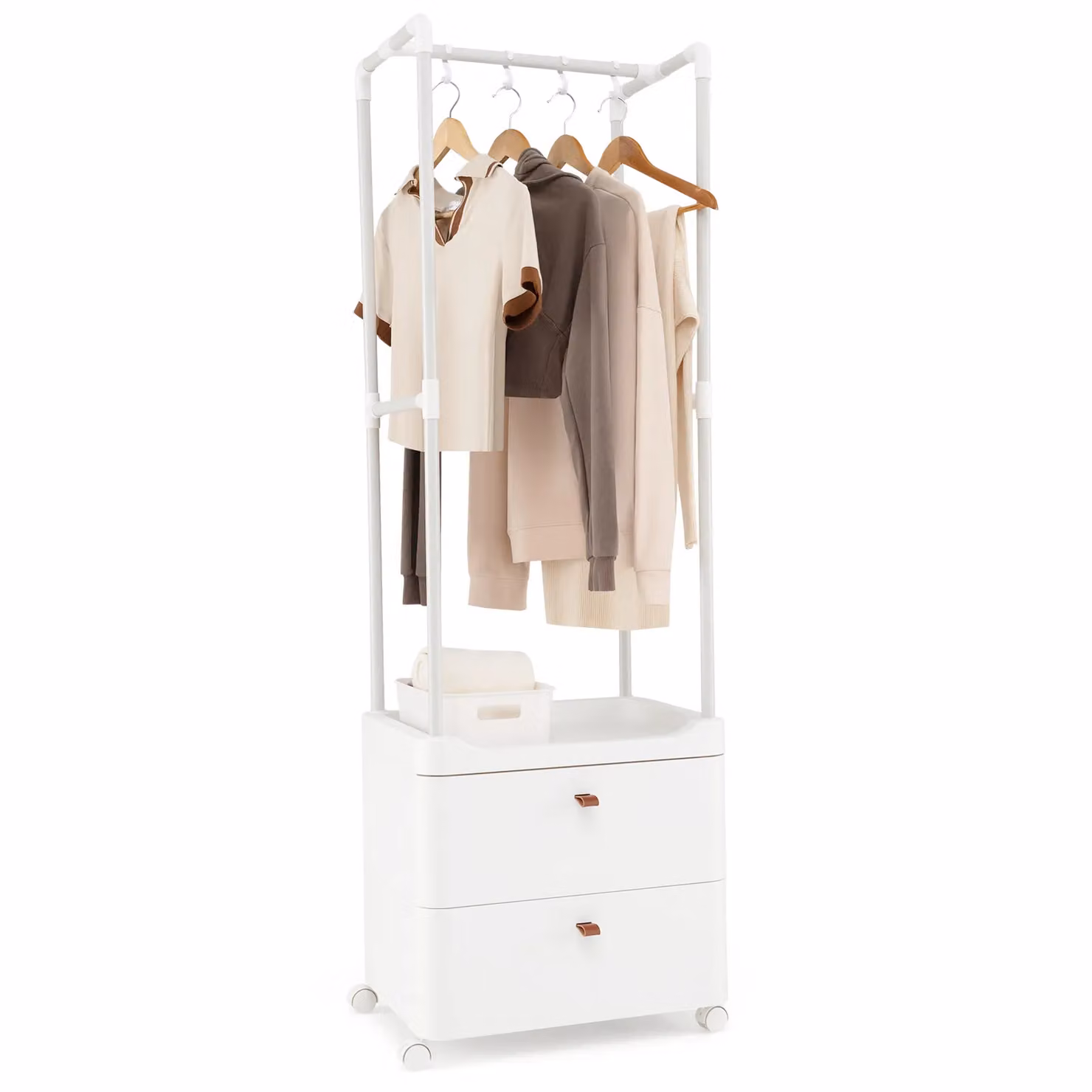 Costway 2 Drawer Clothes Rack Closet Organizer with Hanging Rod and Lockable Wheels in White – 2