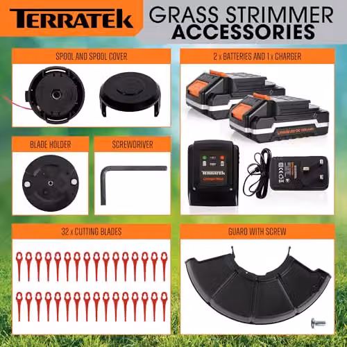 Terratek 20V Cordless Telescopic Strimmer in Orange and Grey with Blade, 2x Rechargeable Batteries and Quick Charger – 5