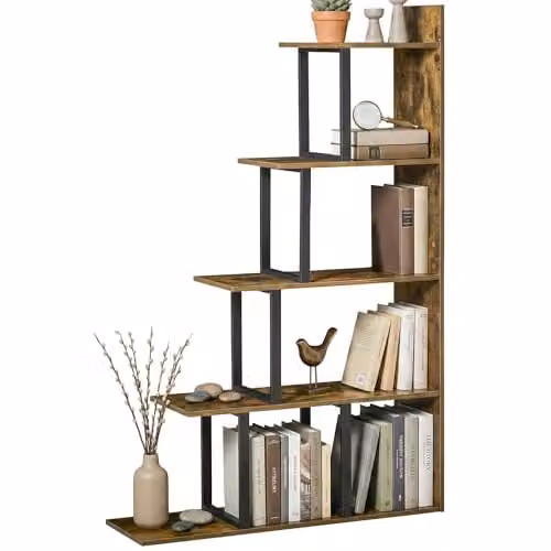 HOMCOM 5-Tier Rustic Brown Ladder Shelf Display Stand, H 160 x W 30 x D 16 cm – 1