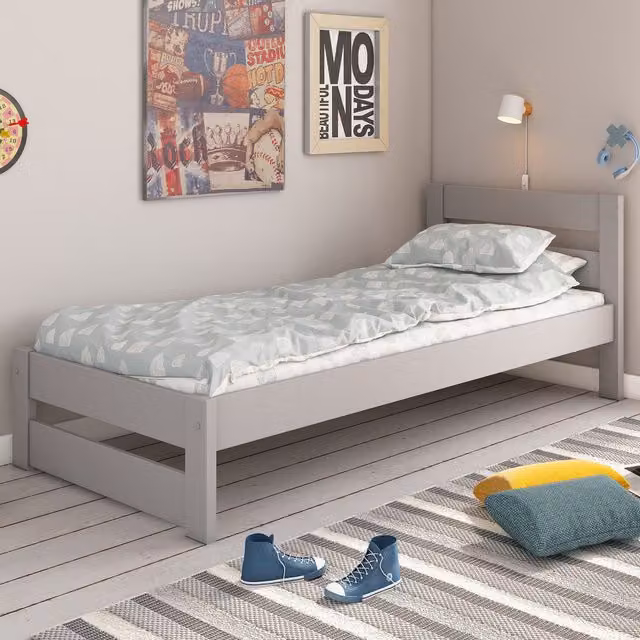Noomi Tera Modern Single Bed in Grey Lacquered Pine, 90 x 200 cm