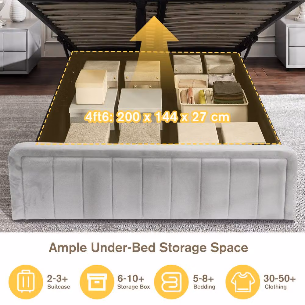Comfy Living Ltd Brushed Velvet Ottoman Bedframe in Grey, W/D/H: 144 x 200 x 114 cm – 3
