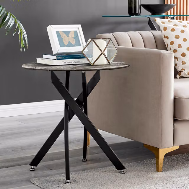 FurnitureboxUK Novara Round Side Table with Grey Marble Effect Glass Top and Black Metal Legs