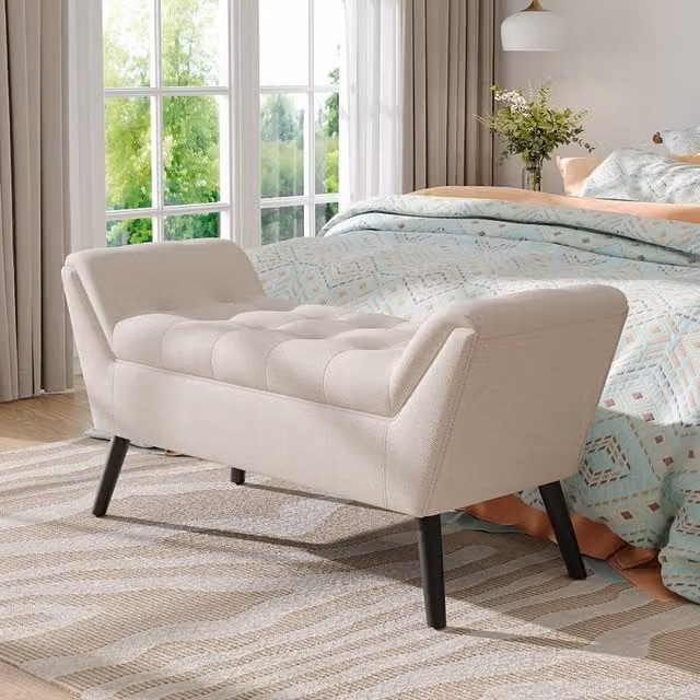Komore Modern Beige Linen Upholstered Bench Seat with Wooden Legs