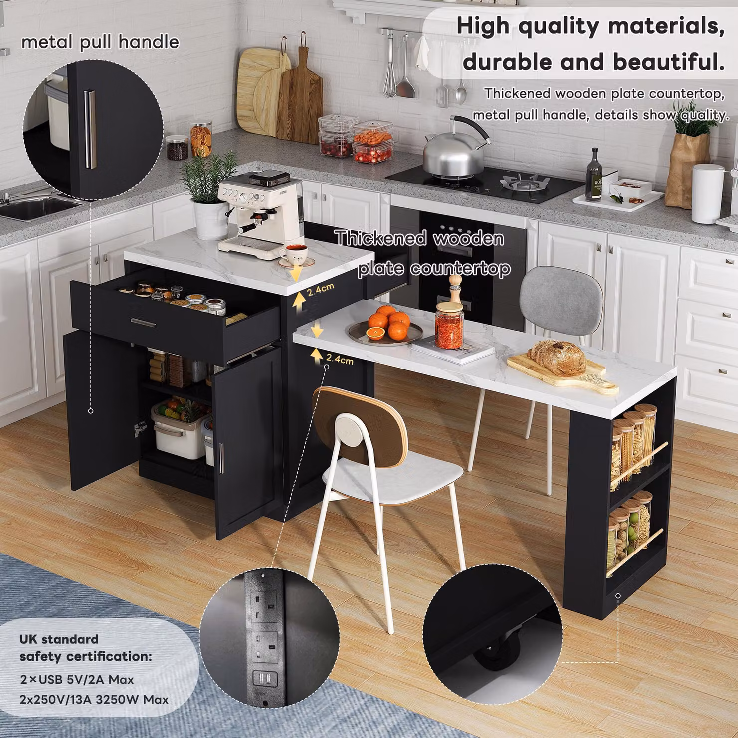 Aosom UK Black Versatile Kitchen Island with Extendable Dining Table and Adjustable Shelf, W: 211 cm, D: 55 cm, H: 89.5 cm – 4