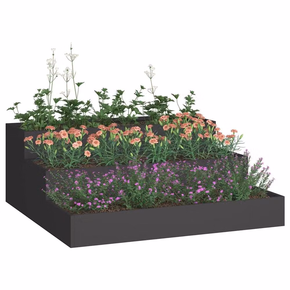 Berkfield Home 3-Tier Steel Garden Planter Tub in Black, W/D/H: 90 x 90 x 35 cm – 3