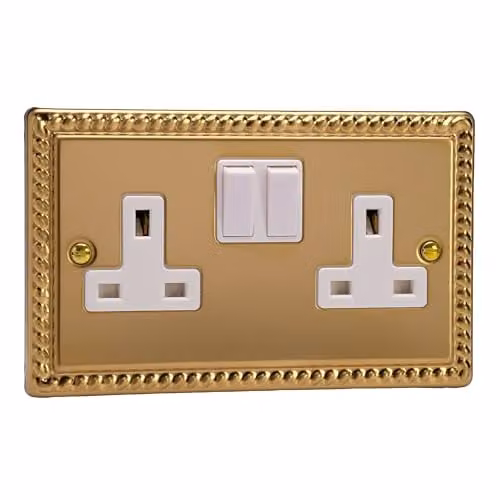 Varilight 2-Gang 13A Switched Flush Socket in Georgian Brass and White, H x W x D: 95 x 155 x 31 mm