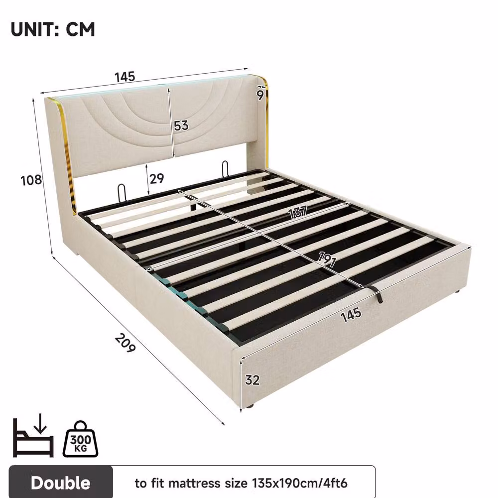 STILVORA Double Bed Frame in Beige with Hydraulic Storage, LED Under-Bed Lighting and USB Charging Ports, W/D/H: 140 x 200 x 137 cm – 3