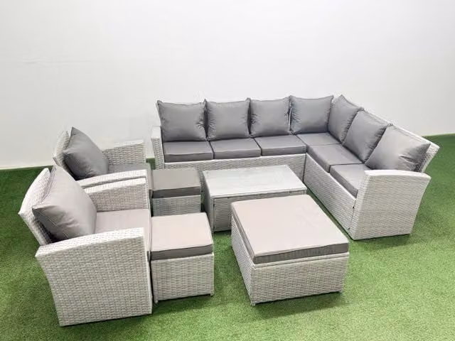 Fimous Garden 11 Seater Rattan Outdoor Furniture Set in Light Grey with Upholstered Cushions