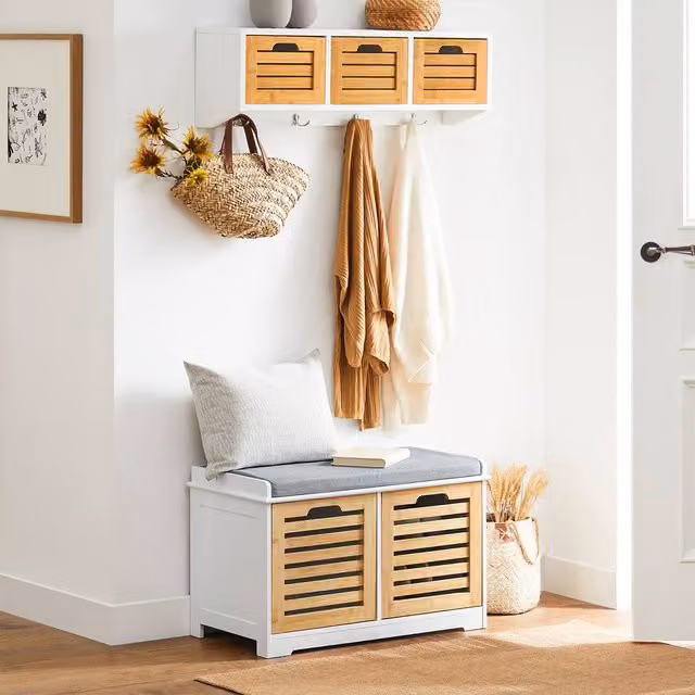 SoBuy Modern White Slim Entrance Bench and Shoe Rack with Fabric Storage – 1