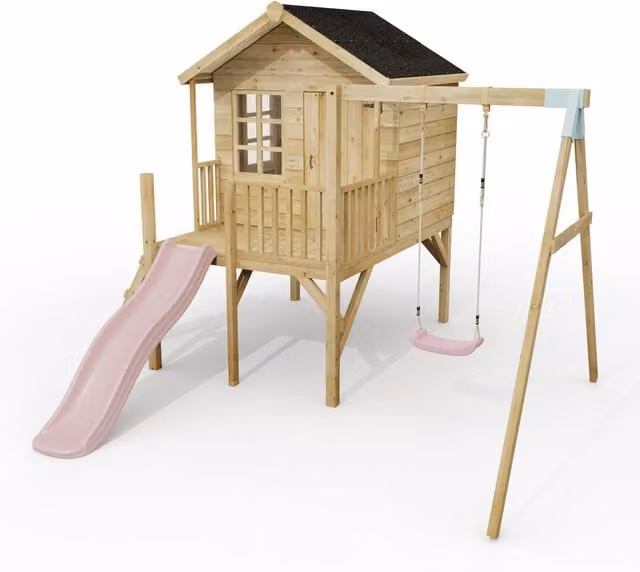 ClassicPlay Premium 5ft Wooden Playhouse on Deck with Slide and Single Swing in Dusky Pink