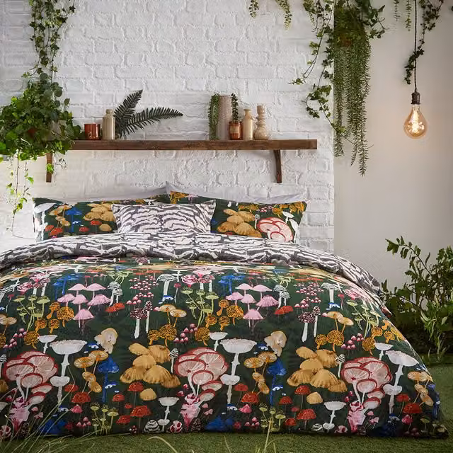 Make it a Home Amanita Abstract Mushroom Reversible Duvet Cover, Green, 200 x 200 cm