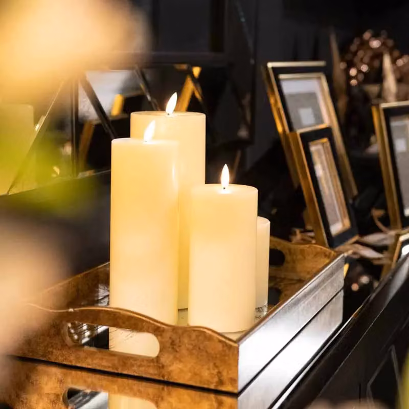 Love Lace Natural Glow Ivory LED Pillar Candle Set with Flicker Effect and Timer – 4