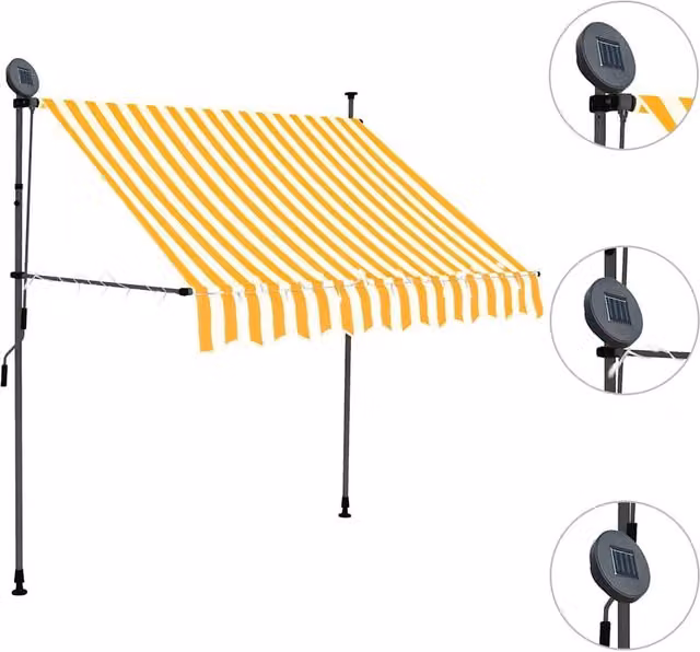Berkfield Home Manual Retractable Folding Arm Awning with LED, White and Orange Striped, W/D/H: 150 x 120 x 200 cm