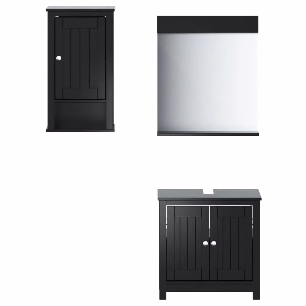 Berkfield Home BERG 3 Piece Black Solid Pine Bathroom Furniture Set with Vanity Unit, Wall Cabinet and Mirror Cabinet – 2