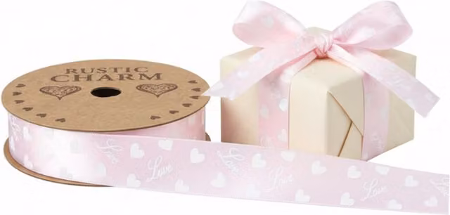Kingsbury Gifts Pink Hearts Satin Ribbon for Weddings and Valentines Day, W: 2.5 cm, L: 10 m