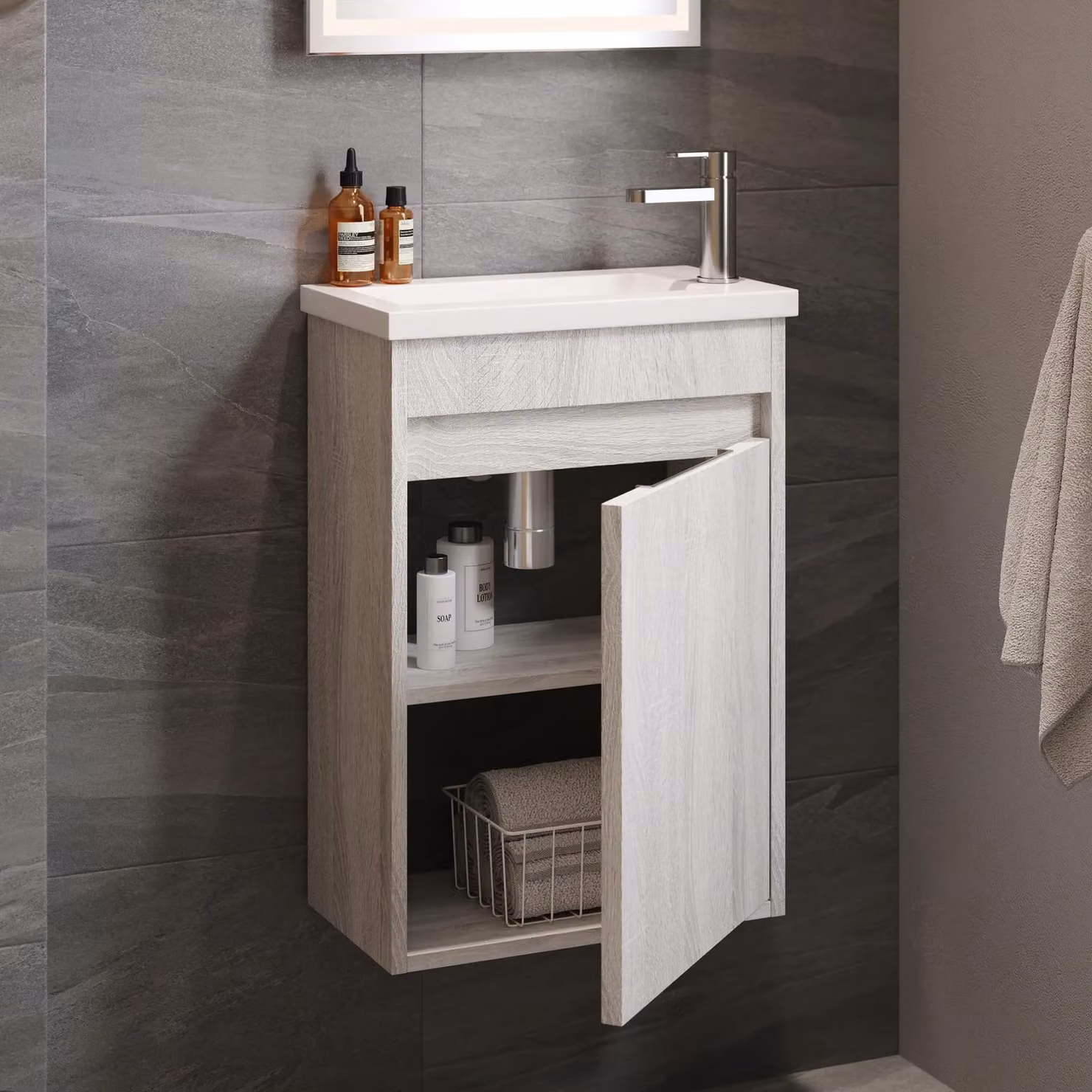 Banyetti Monda Wall Hung Cloakroom Vanity Unit, White Oak in Light Grey, W/D/H: 39 x 21.5 x 39 cm – 2