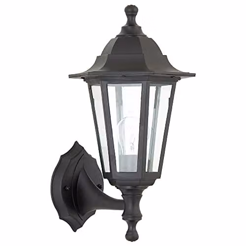 Loops Classic Outdoor Lantern Wall Light, Black and Transparent, IP44 Rated, Dimmable with 60W E27 LED Bulb Included