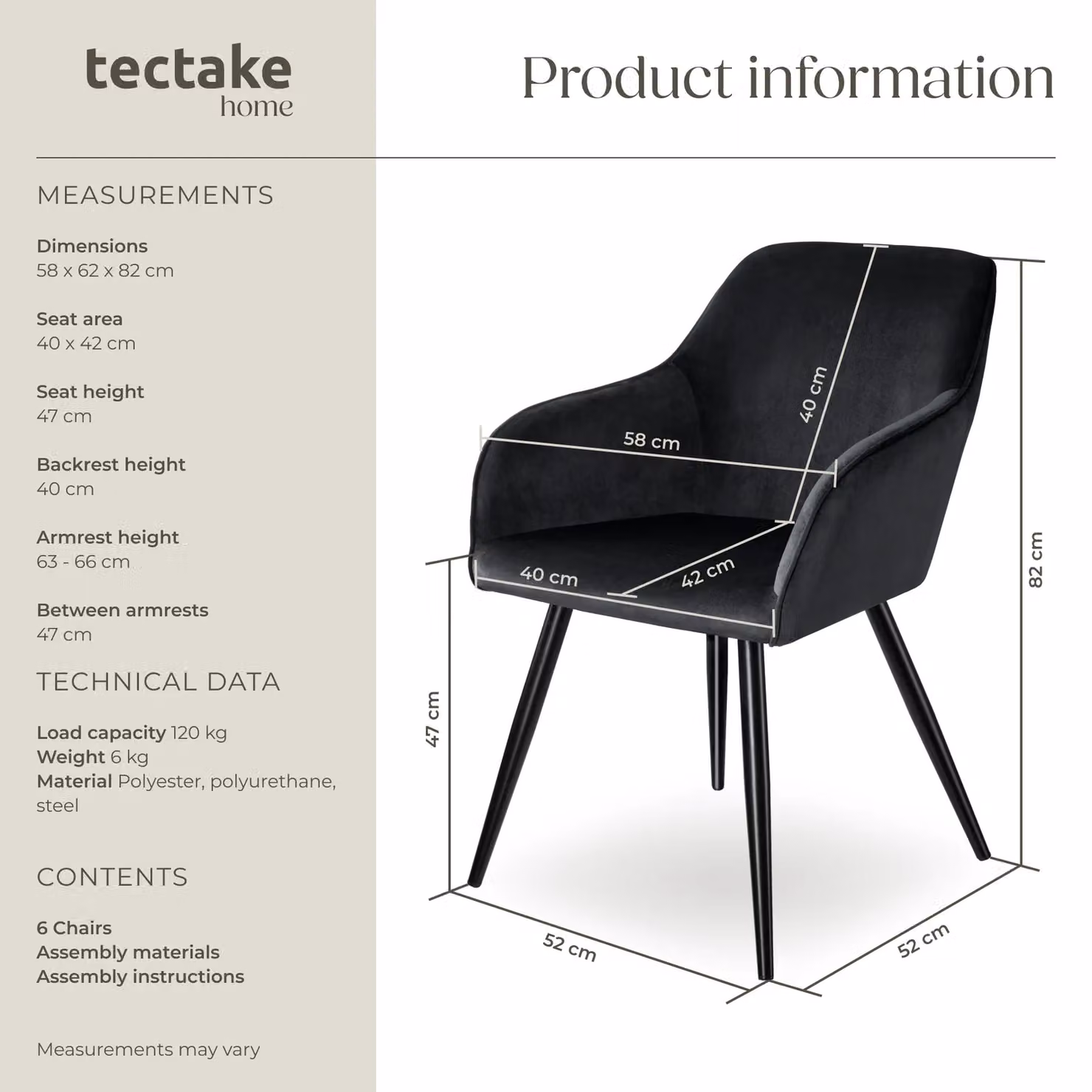 tectake Marilyn Set of 6 Black Velvet Dining Chairs – 6