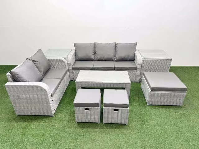 Fimous 8 Seater Grey PE Rattan Wicker Garden Furniture Set with Oblong Coffee Table, 3 Seater Sofa, Love Seat, 3 Stools and 2 Side Tables