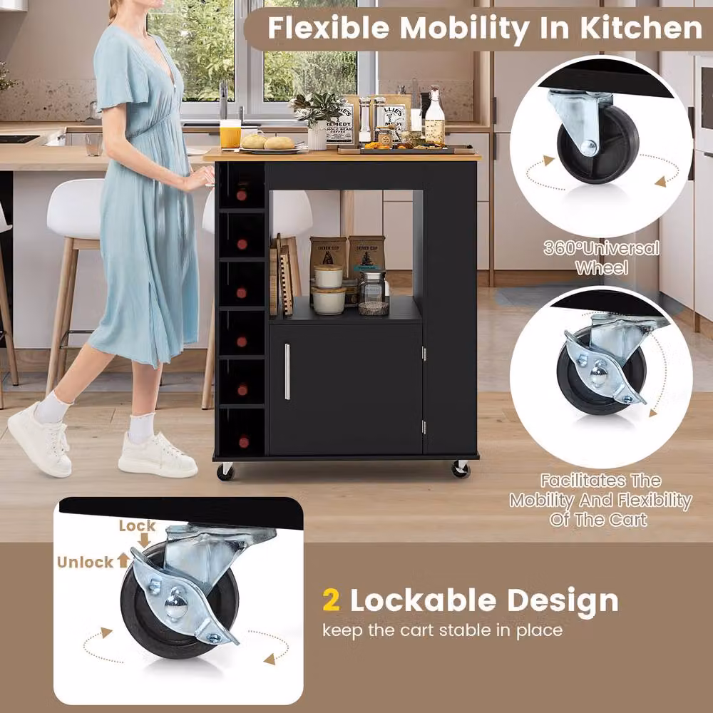 Gymax Black Kitchen Island Food Storage Cabinet Trolley Cart with 6 Wine Racks – 7