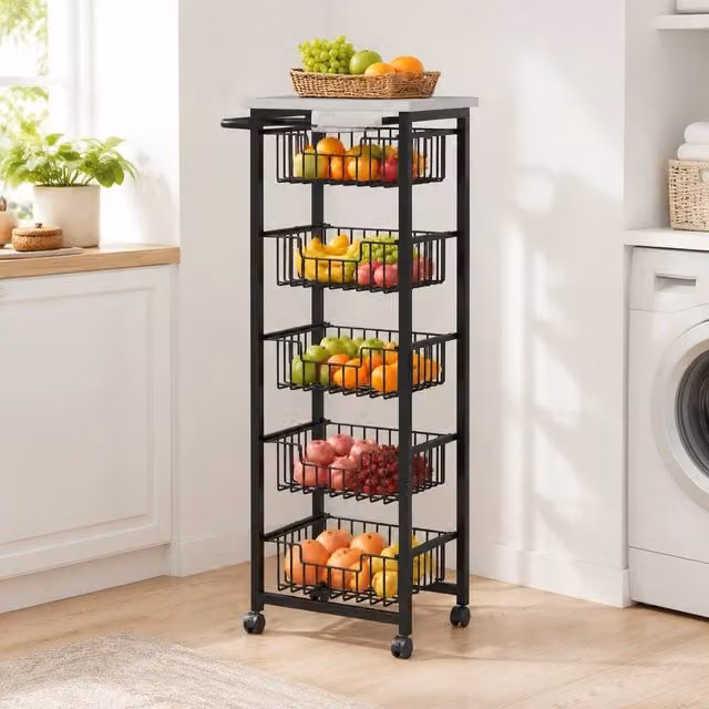 STILVORA Kitchen Trolley with 5 Baskets and Marble-Effect Top in Black, W/D/H: 76.0 x 49.5 x 111.0 cm