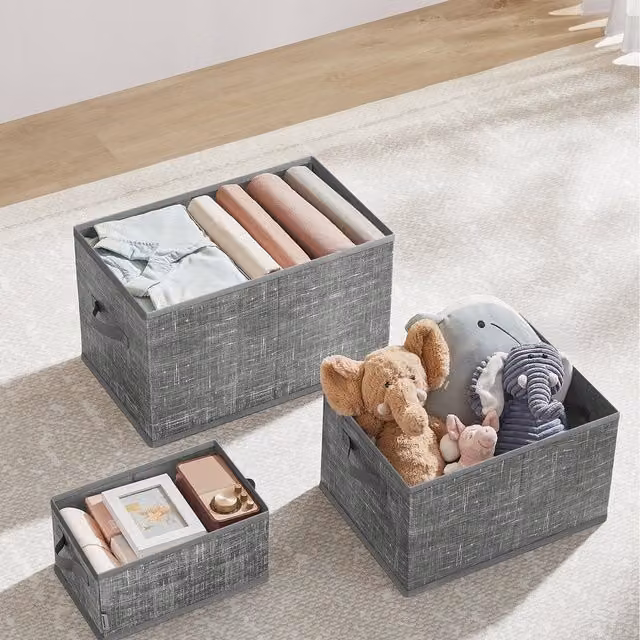 SONGMICS Set of 3 Collapsible Fabric Storage Boxes with Handles and Label Holders, Grey, W: 30.0 cm, D: 30.0 cm, H: 45.0 cm
