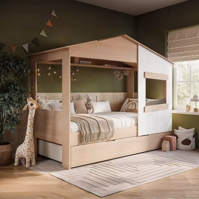 Dreamland Flair Childrens House Bed with Trundle and Drawers in Oak Brown