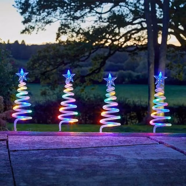 Marco Paul Set of 4 Multicolour LED Spiral Tree Stake Lights with Timer and Battery Operation in Transparent Plastic