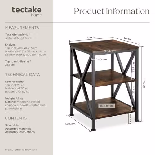 tectake 3-Tier Industrial Side Table with Height-Adjustable Steel Frame and Wood-Look MDF Shelves, Brown and Black, W/D/H: 40.5 x 40.5 x 60.5 cm – 2