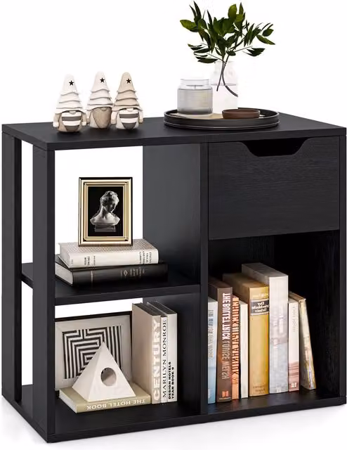 Costway Modern 3-Cube Bookcase with Drawer in Black Lacquered Finish