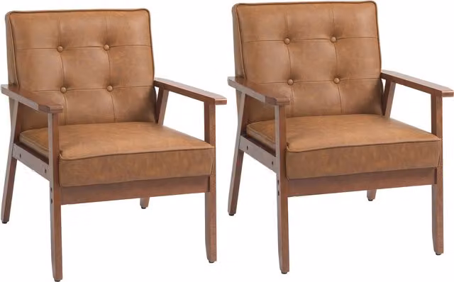 HOMCOM Set of 2 Retro-Style Accent Chairs with Brown Faux Leather Seats and Solid Wood Frames – 1
