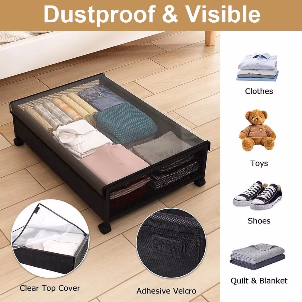 EONLION Set of 2 Rolling Under Bed Storage Organiser Drawers in Black – 5
