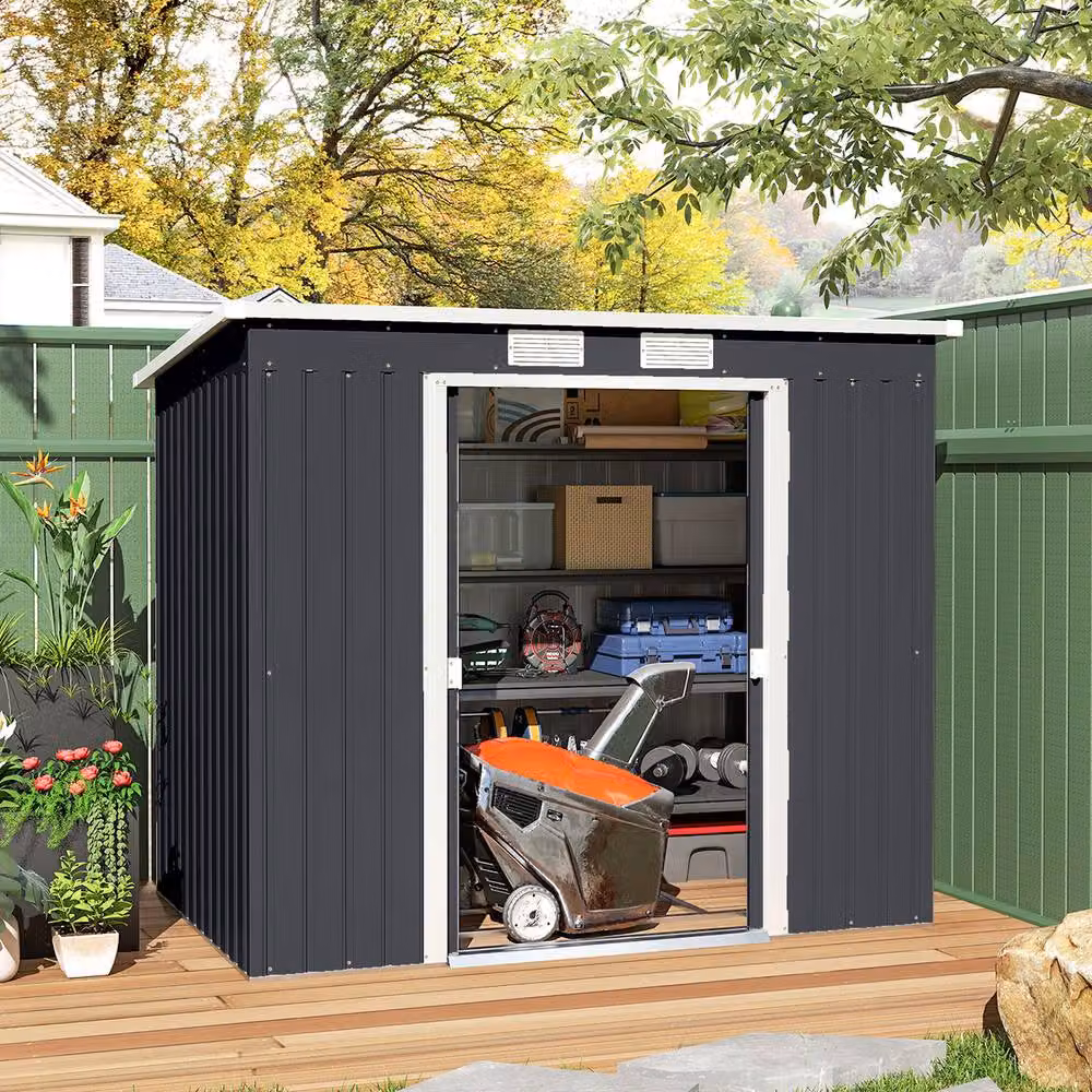 Rolipo Galvanised Steel Garden Shed with Foundation Kit and Double Doors, Dark Grey, W: 213.4 cm, D: 121.9 cm, H: 172 cm – 3