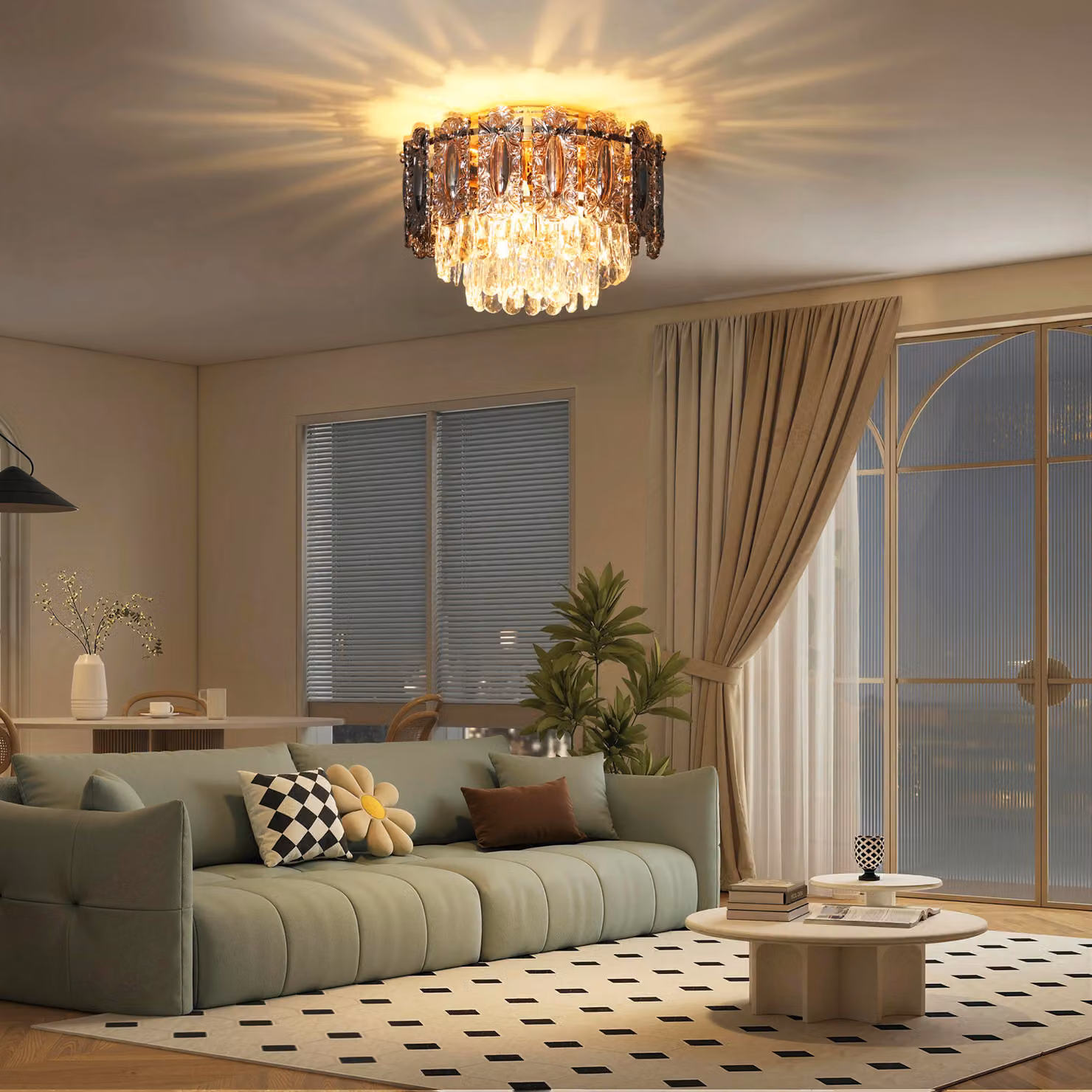 HOMCOM Vintage 3-Light Chandelier Ceiling Light with Crystal and Smoke Glass Shades in Gold Tone – 2