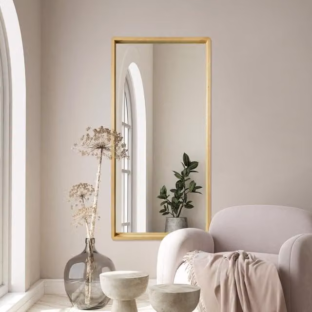 MirrorOutlet Scandinavian Solid Oak Rectangular Wall Mirror in Brown and Gold, H 160 cm x W 80 cm