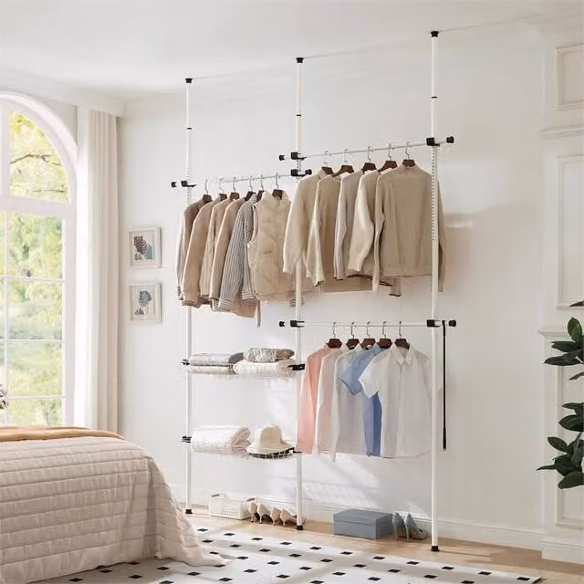 EONLION Double Clothes Rack Wardrobe Organiser with Baskets in White, W: 50 cm – 1
