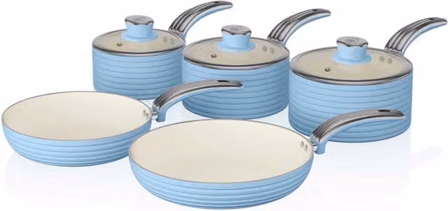 Swan 5 Piece Retro Ceramic and Aluminium Pan Set in Green and Blue
