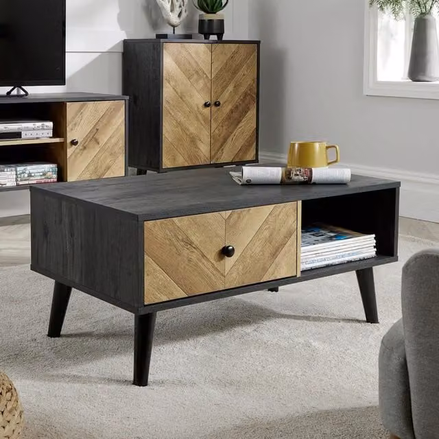 Home Source Dallas Herringbone 1 Drawer Coffee Table Storage Unit in Black