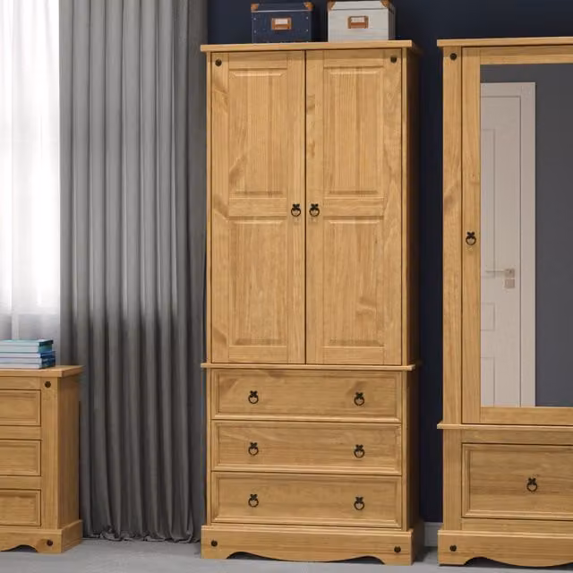 Core Products Corona 2 Door Pine Wardrobe with 3 Integrated Drawers and Mirror in Brown Waxed Wood