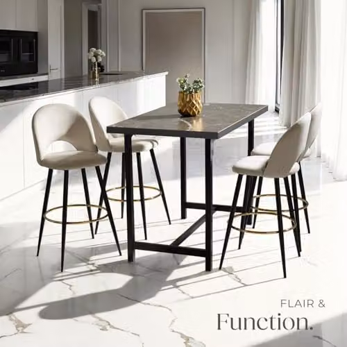 tectake Set of 6 Modern Bar Stools with Velvet-Look Covers and Metal Legs in Black and Gold – 2