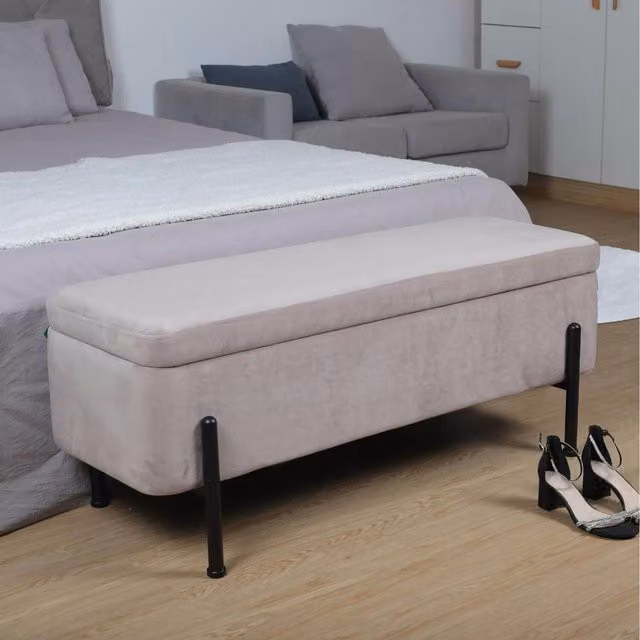 Home Source Oasis Ottoman in Light Grey Polyester Linen Fabric with Black Metal Legs