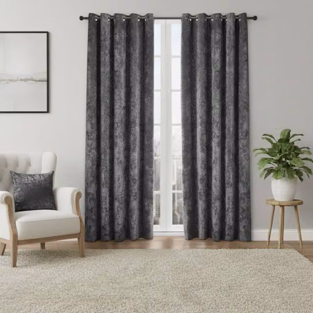 Snug City Grey Crushed Velvet Eyelet Curtains, Thermal Insulating and Opaque, Width: 229 cm, Drop: 229 cm – 1