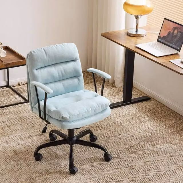 KORVIXA Blue Upholstered Home Office Task Chair with Armrests and Castors