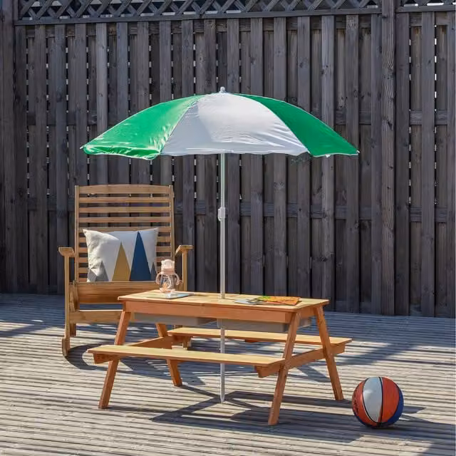 Outsunny Wooden Kids Picnic Table and Benches with Play Wells, Brown
